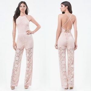 Bebe Blush Pink Lace Jumpsuit